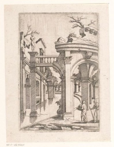 Columned gallery around a basin with two standing sketchers and a pilgrim