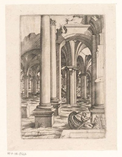 Flooded columned hall or baths with boats
