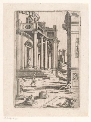 Landscape with fragments of columns and a building with stairs