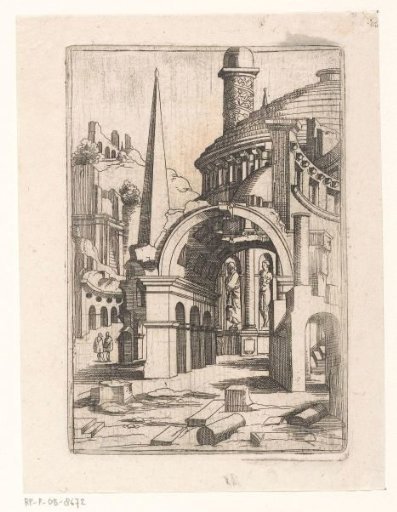 Ruins with an obelisk, dome, and triumphal column