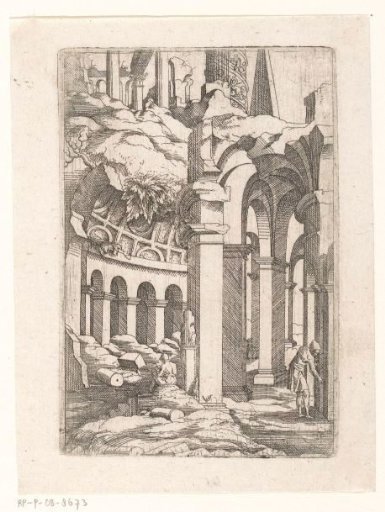 Ruins with a sketcher and a man taking measurements