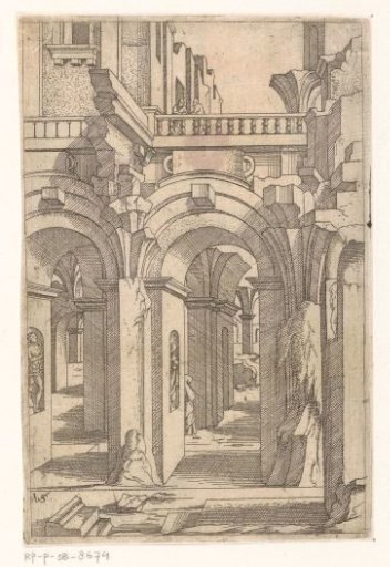 Ruins with two figures leaning over a balustrade