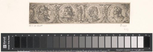 Frieze with four busts in medallions within a scrollwork frame