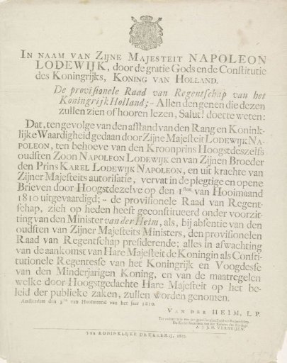 Publication of the Provisional Council of Regency of the Kingdom of Holland, 1810