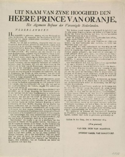 Proclamation by A.F. van der Duyn and G.K. van Hogendorp, 21 November 1813