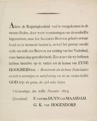 Proclamation by A.F. van der Duyn and G.K. van Hogendorp, 20 November 1813