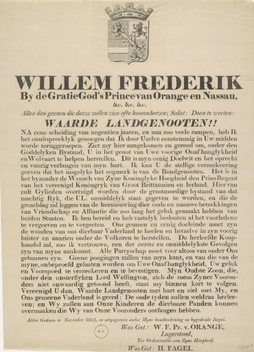Proclamation of the Prince of Orange upon his arrival in Scheveningen, 1813