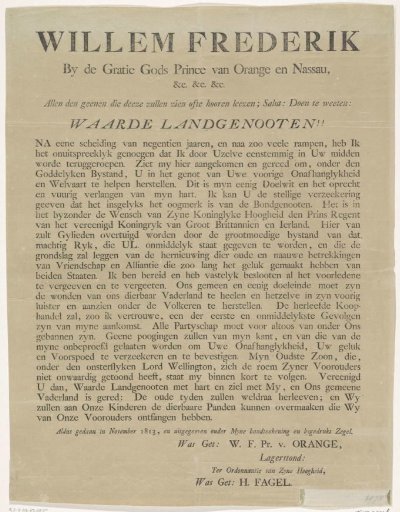 Proclamation of the Prince of Orange upon his arrival in Scheveningen, 1813