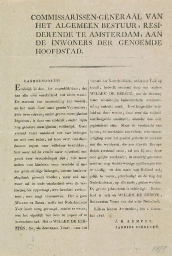 Proclamation of the General Administration to the inhabitants of Amsterdam, 1813