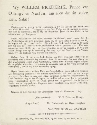 Proclamation by the Prince of Orange upon his entry into Amsterdam, 2 December 1813