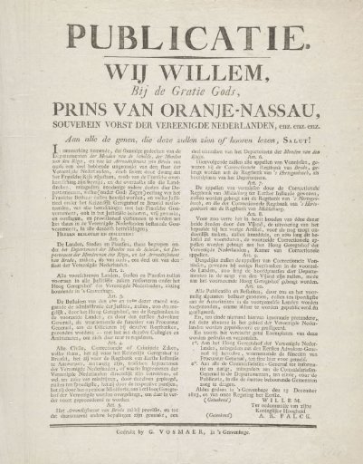 Proclamation by the Prince of Orange Regarding the Departments of the Country, 15 December 1813