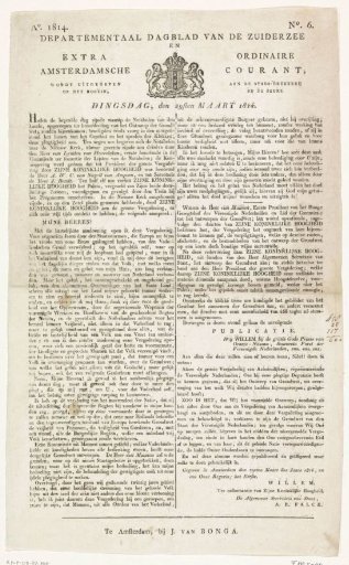 Departmental Daily of the Zuiderzee. Extra Ordinary Amsterdam Courant. Year 1814 / No. 6 / 29 March 1814