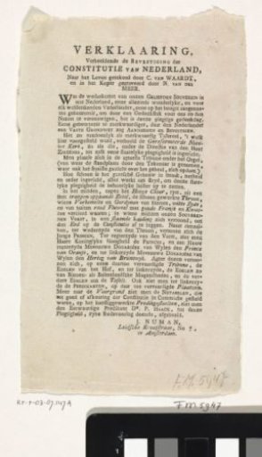Explanation accompanying the print of the inauguration of Willem Frederik, Prince of Orange, as Sovereign Prince, 1814
