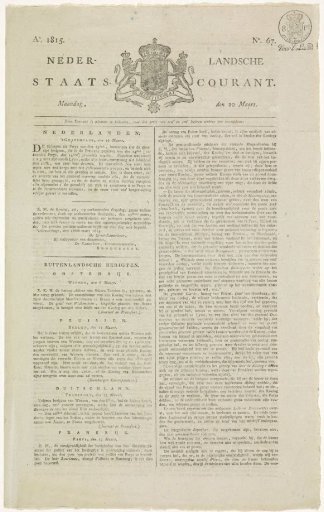 Nederlandsche Staatscourant. Year 1815 No. 67. Monday, 20 March