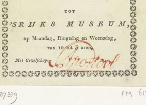 Admission ticket to the Rijksmuseum, ca. 1818