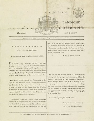Dutch State Gazette of 9 March 1816 with the report of the marriage of the Prince of Orange and Anna Pavlovna