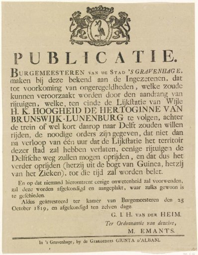 Announcement of the funeral ceremonies of Princess Louise of Orange-Nassau, 1819