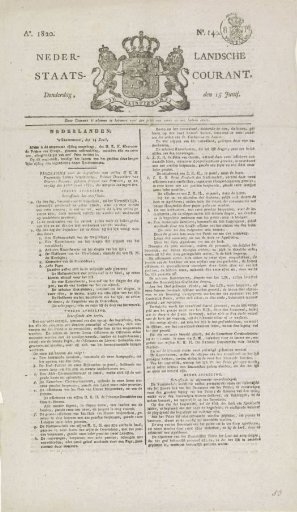 Staatscourant with the program for the funeral of Wilhelmina, Princess-Dowager of Orange-Nassau, 1820