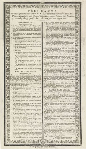 Program for the funeral of Wilhelmina, Princess-Dowager of Orange-Nassau, 1820