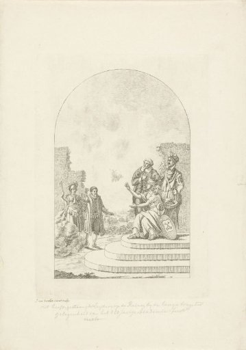 Chassinet met Willem van Oranje en Minerva voor de Leidse stedenmaagd, bij het 250-jarige Academiefeest te Leiden, 1825