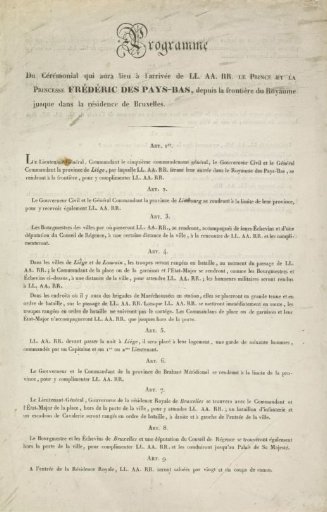 Programme for the reception of the royal couple in Brussels, 1825