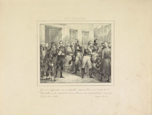 Gentleman-in-waiting leads an old man to King William I, 1829