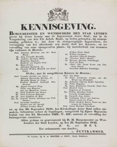 Notification of those elected to the Council of Leiden, 1842
