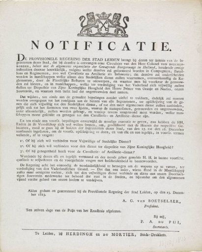 Notification regarding the organization of the Armed Citizenry in Holland, 1813