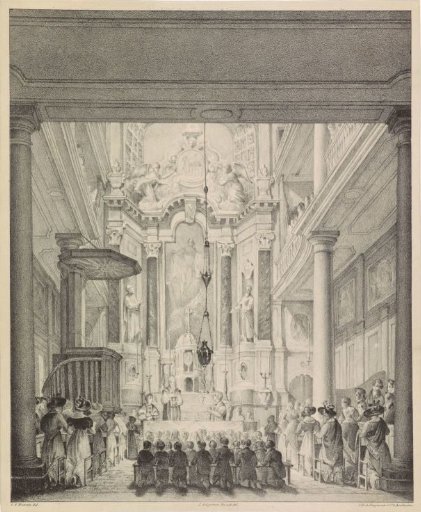 Admission of children to their first holy communion in the Roman Catholic French Church on the Boommarkt in Amsterdam, ca. 1830