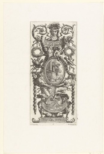 Wall panel with two standing women under an oval frame