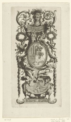 Wall panel with two standing women under an oval frame