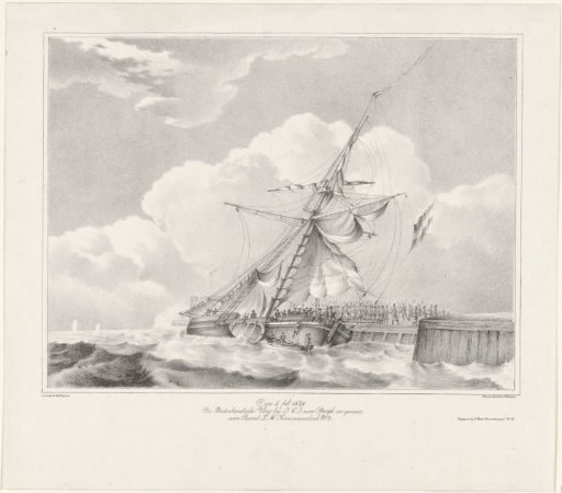The Dutch flag in danger on the gunboat of Jan van Speyk, 1831