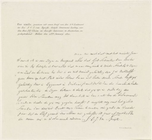 Facsimile of a letter from Jan van Speyk to Mr. J. van Glein, 1821