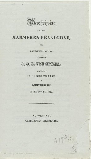 Description of the funeral monument of Jan van Speyk in the New Church in Amsterdam, 1832