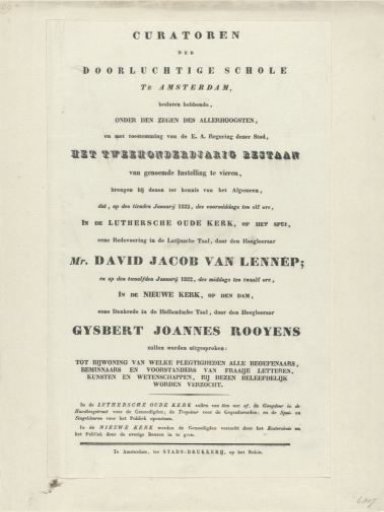 Invitation to Attend Speeches at the Second Centenary of the Athenaeum Illustre in Amsterdam, 1832