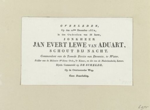Death notice of Jonkheer Jan Evert Lewe van Aduart, 1832