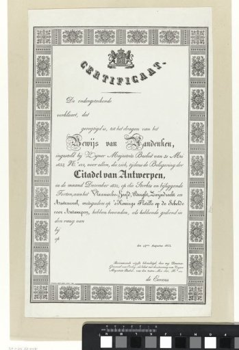 Certificate for the Antwerp Medal 1832
