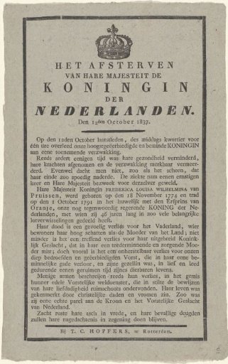The death of Her Majesty the Queen of the Netherlands. 12th October 1837