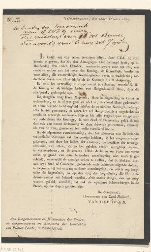 Letter to the mayor of Schipluiden concerning the death of Queen Wilhelmina of Prussia, 1837