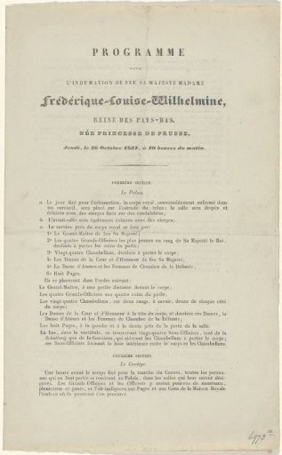 Programme for the burial of Her late Majesty Madame Frédérique-Louise-Wilhelmine (...) Thursday, 26 October 1837, at 10 o'clock in the morning