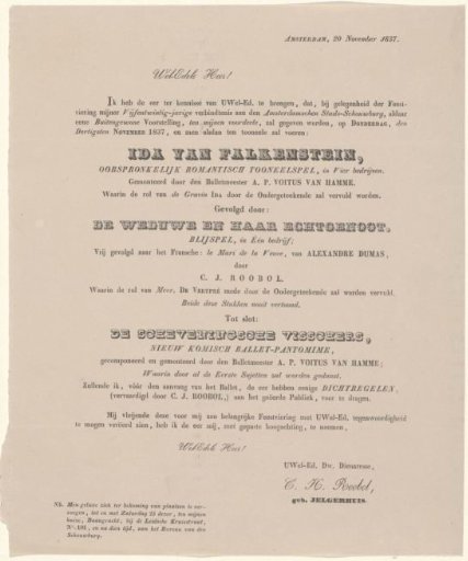 Invitation to the theatrical performance in honor of the twenty-fifth anniversary of the actress C.H. Roobol-Jelgerhuis at the Amsterdamse Schouwburg, 1837