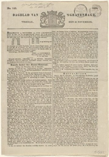 Daily Newspaper of The Hague. Friday, 30 November. No. 143. 1838