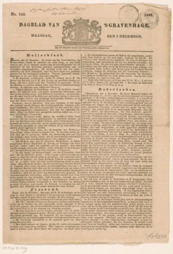 Daily Newspaper of The Hague. Monday, 3 December. No. 144. 1838
