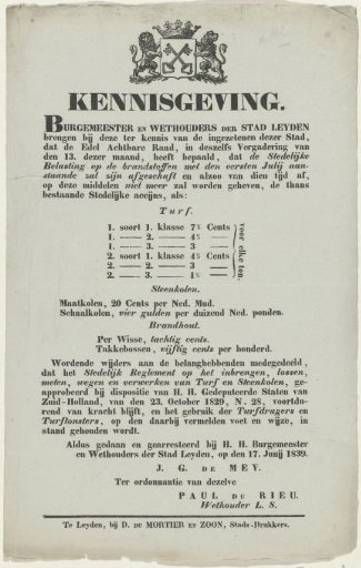 Notice from the City of Leiden, 1839