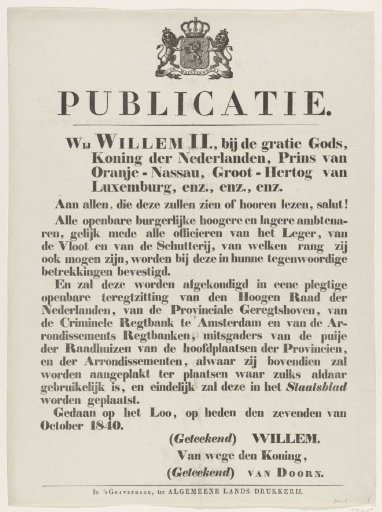 Proclamation of William II, in connection with the abdication of his father, 1840