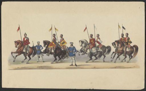 Costumed procession of 1841: seven horsemen and two heralds (sheet I)