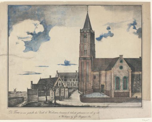 The Tower and a part of the Church in Westzaan, together with the adjacent buildings, as they appeared [until the end of the year 1842]