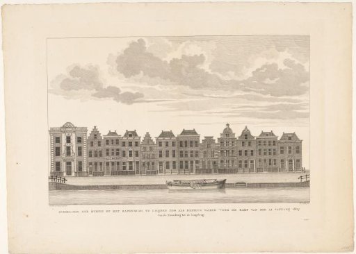 Depiction of the houses on the Rapenburg in Leiden as they were before the disaster of January 12, 1807. From the Nieuwsteeg to the Langebrug