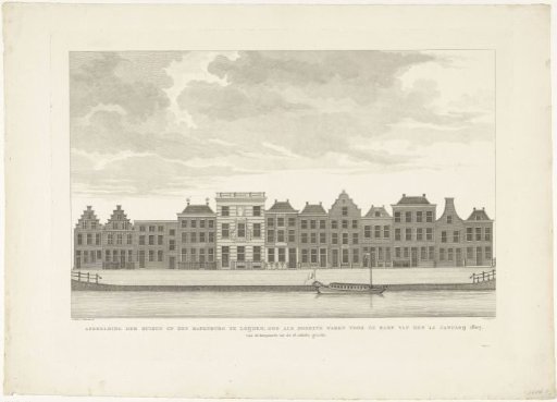 Depiction of the houses on the Rapenburg in Leiden, as they were before the disaster of January 12, 1807. From the Koepoort to the St. Jakobs gracht