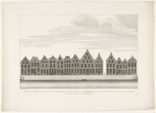Depiction of the houses on the Rapenburg in Leiden as they were before the disaster of January 12, 1807. From the Groenmarkt to the St. Jakobs gracht